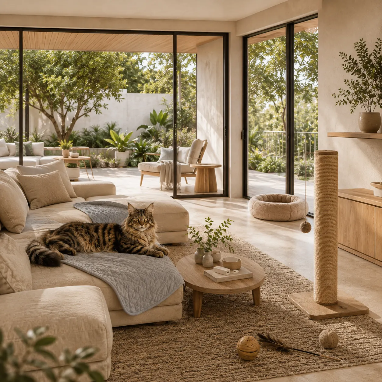 Warm Australian villa living room with Maine Coon cat furniture