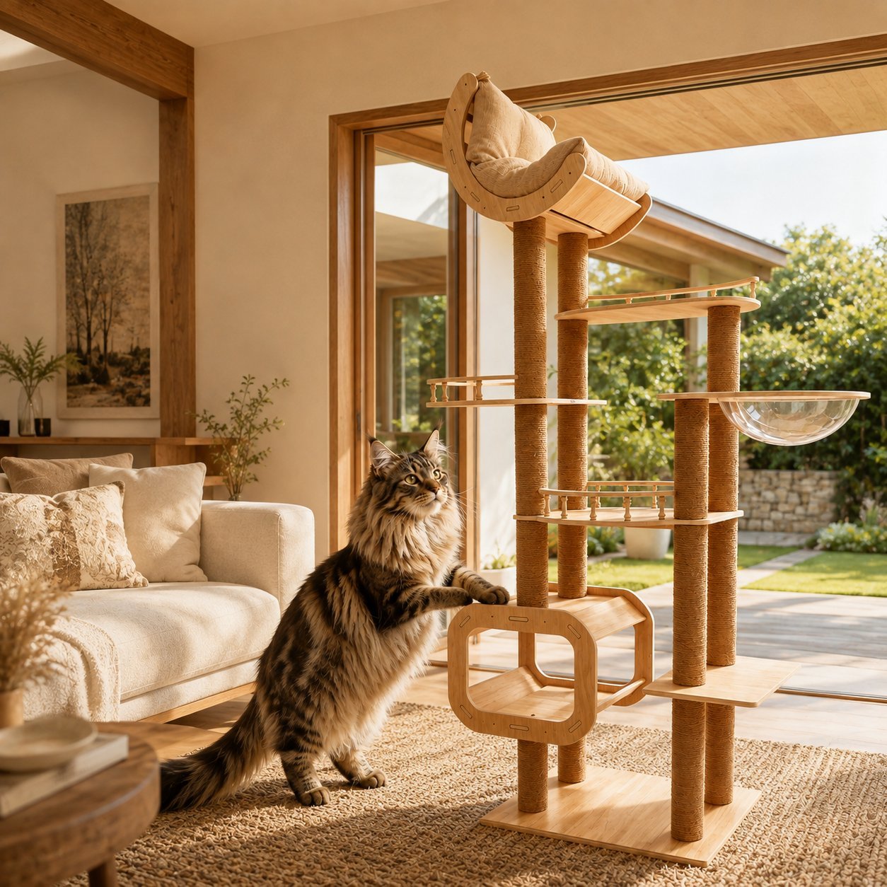A Maine Coon using a large cat tree in a warm, naturally lit home